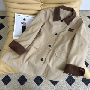 Luxury Miu Coat Brown Corduroy Embroidery Patch