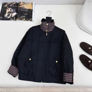 High Quality Miu Coat Black Embroidery Patch Plaid Patchwork