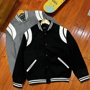 Designer Luxury Saint Laurent Jacket Red Wool Nylon Leather Patchwork Jacquard Street Style Understated Luxury Patch