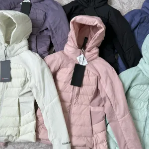 Luxury High Quality Lululemon Coat Red Neutral Feather Duck Down Denim Autumn Winter And Matte Fabric Slim Fit 3D Logo Side Pockets
