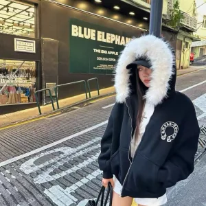Luxury Chrome Hearts Coat Black Fleece Autumn Winter And