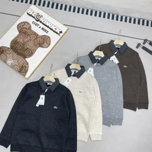 AAA Designer Lacoste Shirts Red Fleece Simple And Elegant Autumn Winter Neckline Stitching Slim Fit Embroidery