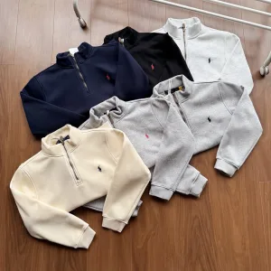 Luxury Designer Ralph Lauren Long-Sleeved Sweatshirt Black Cotton Fleece Autumn Embroidery