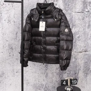 Designer Moncler Outerwear Black Wool Duck Down Glossy Finish