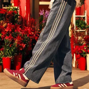 AAA Reps Adidas Pants Red Cotton Leather Patchwork Denim Autumn Winter And Embroidery Patch Side Stripes