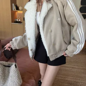 Reps Adidas Cotton-Padded Coat Red Cotton Wool Lambswool Suede Patch