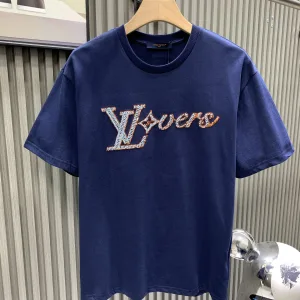 AAA Louis Vuitton Short-Sleeved T-Shirt Red Cotton Soft Plain Weave Lace Summer Embroidery Sequin