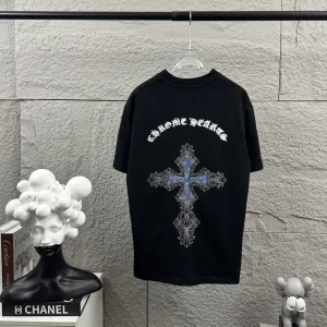 High Quality Chrome Hearts Short-Sleeved T-Shirt Black Cotton Spring Summer Embroidery Hot Stamping