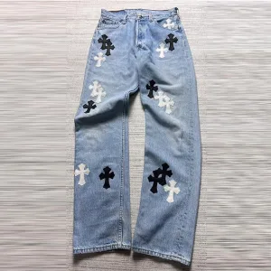 Designer Luxury Chrome Hearts Jeans Red Eva Denim Enzyme Washing Leather Patch