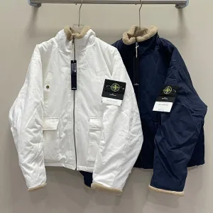 High Quality Stone Island Down Jackets Blue Fleece Ribbed Fabric Winter Patch