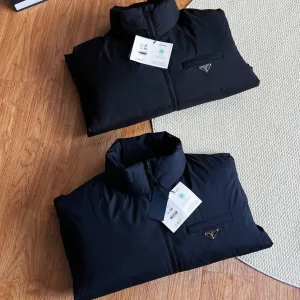 Luxury High Quality Prada Coat Blue Duck Down Nylon Daily Commute Metal Logo Side Pockets