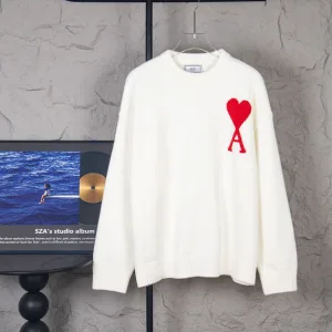 Luxury Ami Sweater Blue Cotton Wool Blend Polyester Jacquard