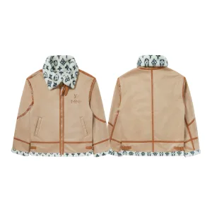 High Quality AAA Louis Vuitton Jacket Brown Wool Rabbit Fur Polyester Fleece Suede