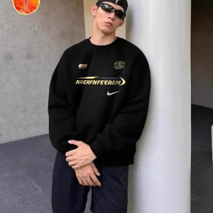 Super Clone Designer Nike Sweatshirt Black Cotton Fleece Ribbed Fabric Color Blocking