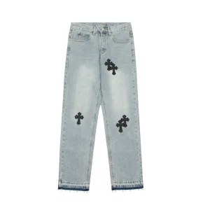 Luxury AAA Chrome Hearts Jeans Red Genuine Leather Distressed Even Stitching