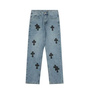 Designer Chrome Hearts Jeans Red Genuine Leather Distressed Even Stitching