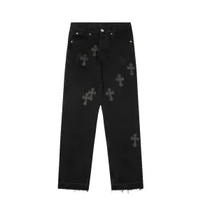 Luxury Chrome Hearts Jeans Red Genuine Leather Distressed Even Stitching