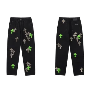 High Quality Chrome Hearts Jeans Red Genuine Leather Distressed Even Stitching