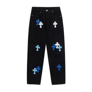 AAA Chrome Hearts Jeans Red Genuine Leather Distressed Even Stitching Patch