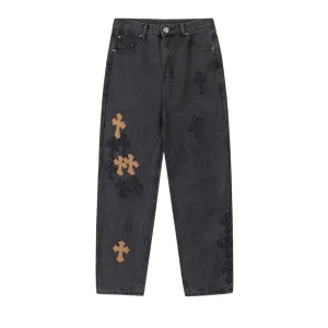 High Quality Chrome Hearts Jeans Red Genuine Leather Distressed Even Stitching Patch