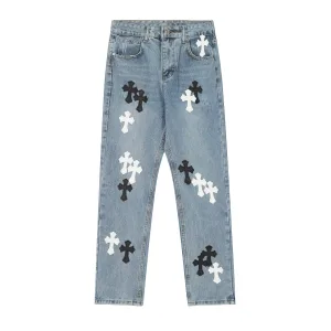High Quality Reps Chrome Hearts Jeans Red Genuine Leather Distressed Even Stitching Patch
