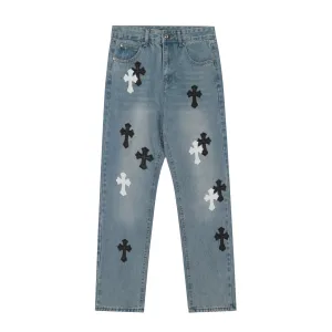 High Quality Luxury Chrome Hearts Jeans Red Genuine Leather Distressed Exquisite Workmanship Even Stitching Patch