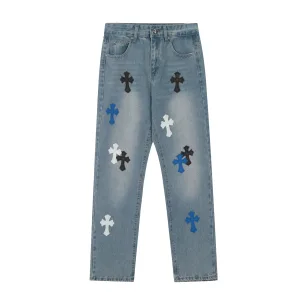 Luxury Chrome Hearts Jeans Red Genuine Leather Distressed Exquisite Workmanship Even Stitching Patch