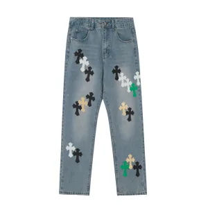 High Quality Super Clone Chrome Hearts Jeans Red Genuine Leather Distressed Exquisite Workmanship Even Stitching Patch