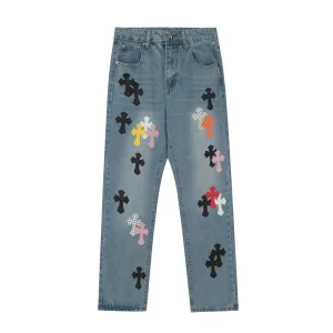 Super Clone Chrome Hearts Jeans Red Genuine Leather Distressed Exquisite Workmanship Even Stitching Patch