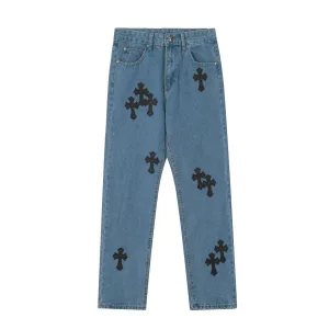 Super Clone Chrome Hearts Jeans Red Genuine Leather Distressed Exquisite Workmanship Even Stitching Patch