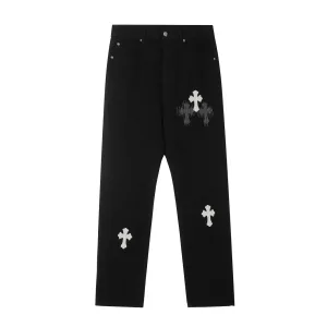 Super Clone Chrome Hearts Jeans Red Genuine Leather Distressed Exquisite Workmanship Even Stitching Patch
